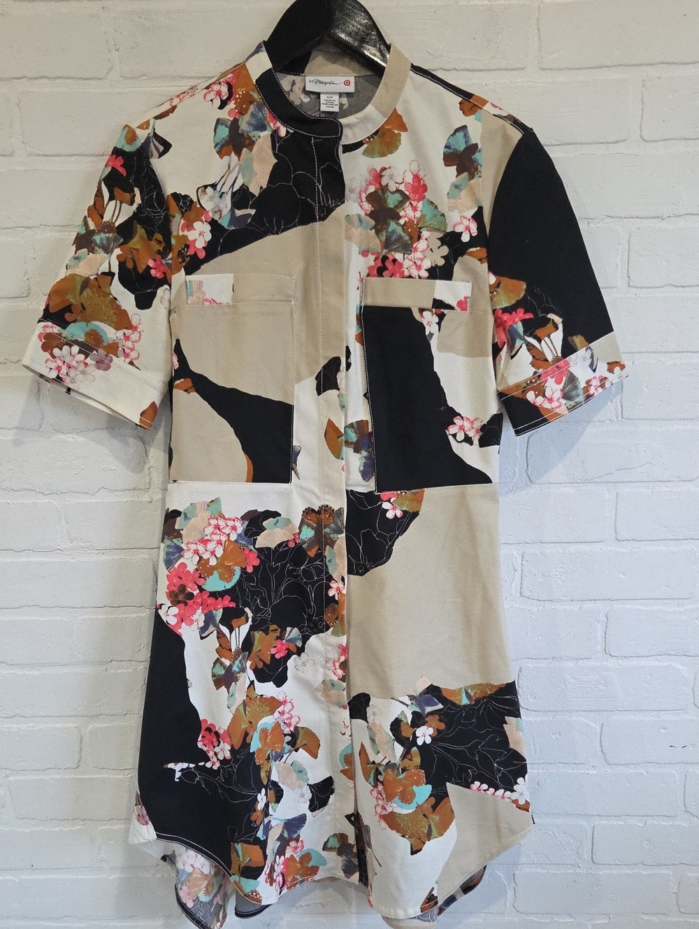3.1 Phillip Lim Floral Patchwork Short Sleeve Tunic Dress - Beige & Black